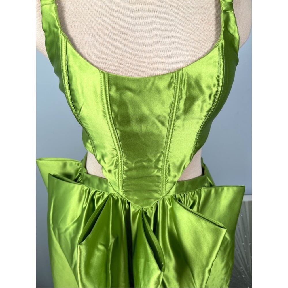 FOR LOVE & LEMONS Virginia Pleated Cutout Satin Green Maxi Dress Sz XS - Picture 8 of 14